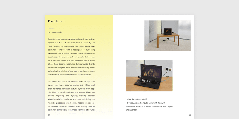 Page from the exhibition catalogue describing the work of Perce Jerrom