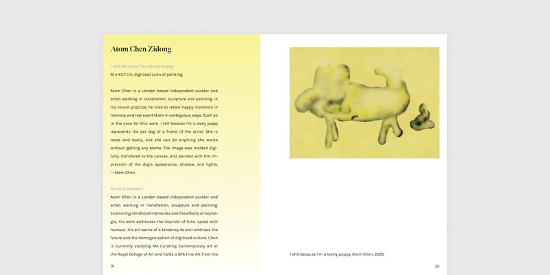 Page from the exhibition catalogue describing the work of Atom Chen Zidong