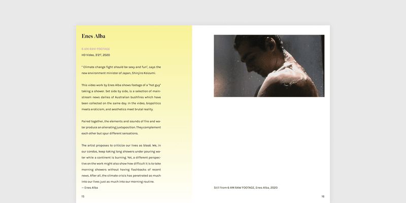 Page from the exhibition catalogue describing the work of Enes Alba