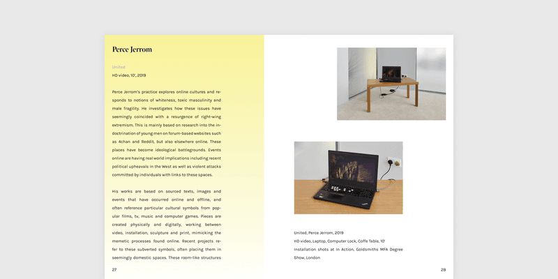 Page from the exhibition catalogue describing the work of Perce Jerrom